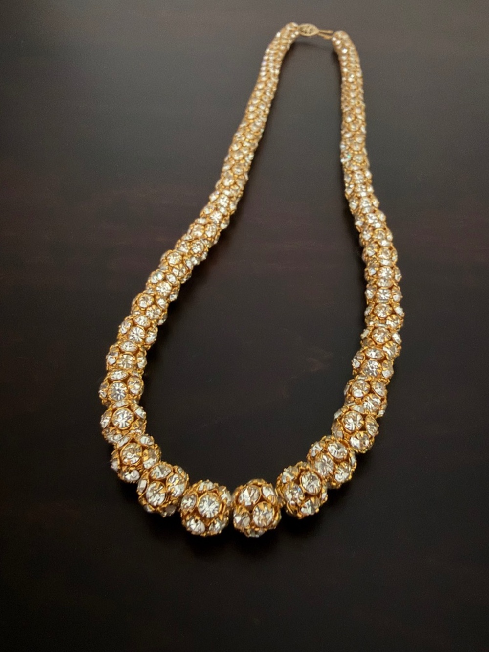 Vintage Rhinestone Filigree Ball Bead Necklace Gold Tone 20"